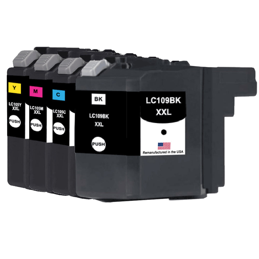 U.S. Remanufactured for Brother LC109BK XXL Black / LC105 XXL 3 Color Super High Yield 4-Pack Ink Cartridges