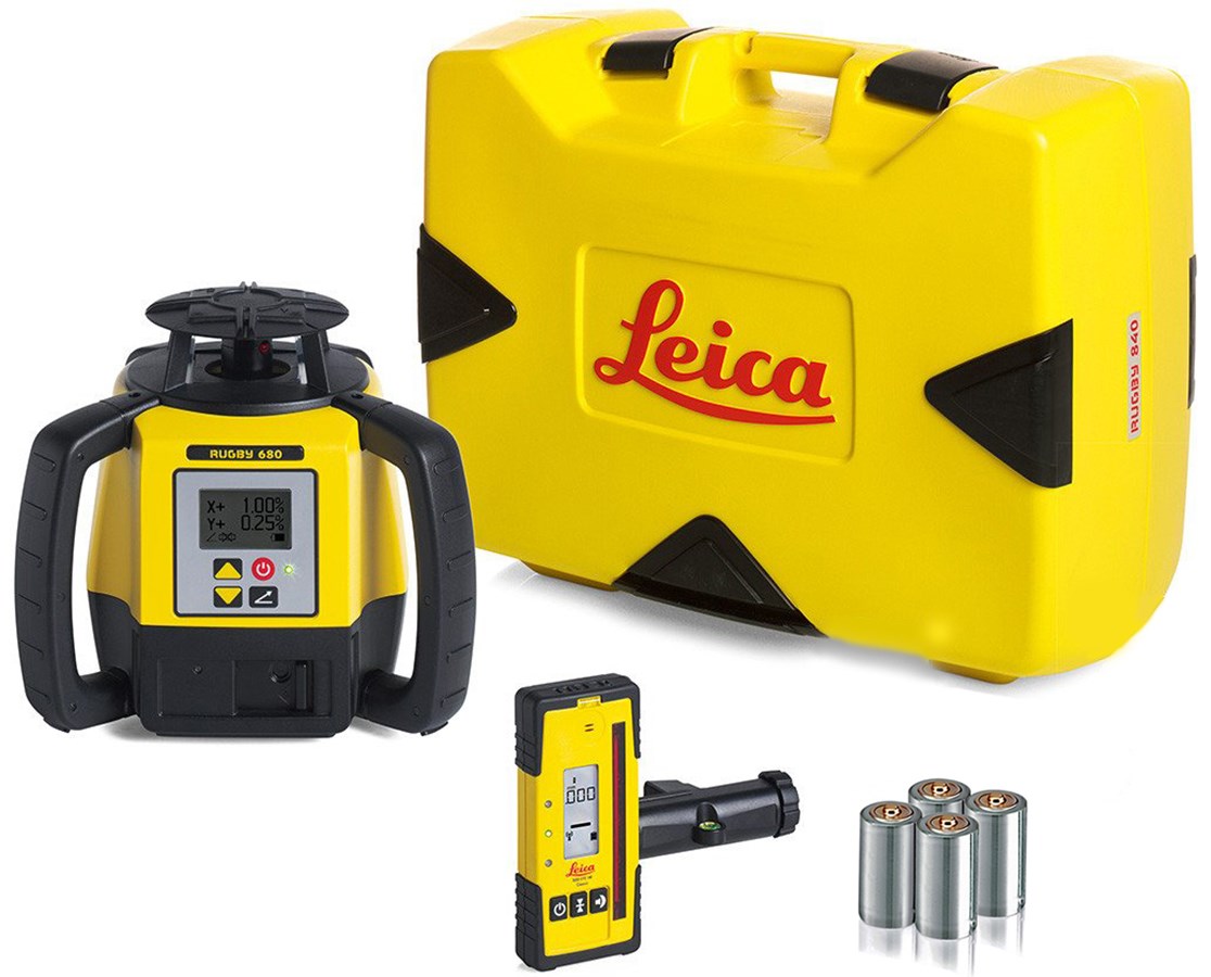 Leica 6011160 Rugby 680 Dual Grade Laser Level With Rod Eye 120 and Alkaline Battery Pack