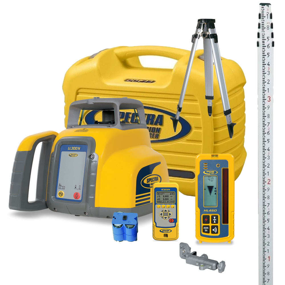 Spectra LL300N Laser Level w/HL450 Receiver, RC1402 Remote, Tripod & 15ft Grade Rod (Tenths) | LL300N-X1