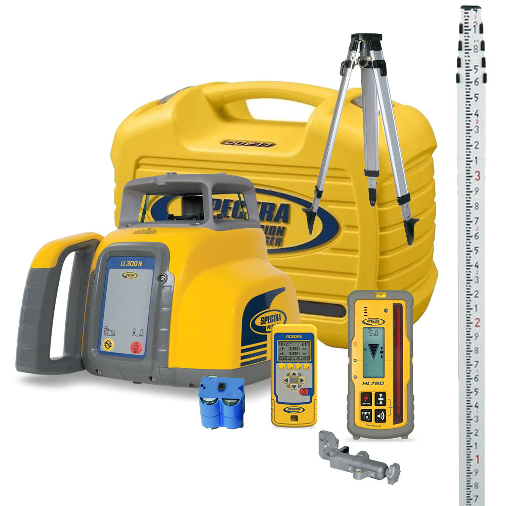 Spectra LL300N Laser Level w/HL760 Receiver, RC1402 Remote, Tripod & 15ft Grade Rod (Tenths)