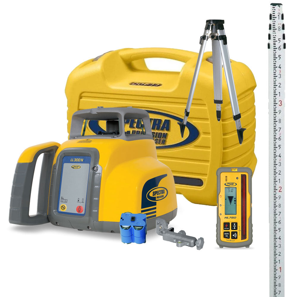 Spectra LL300N Laser Package w/HL760 Receiver, RC1402 Remote Control, Rod (Tenths), Tripod, and Case | LL300N-X11P