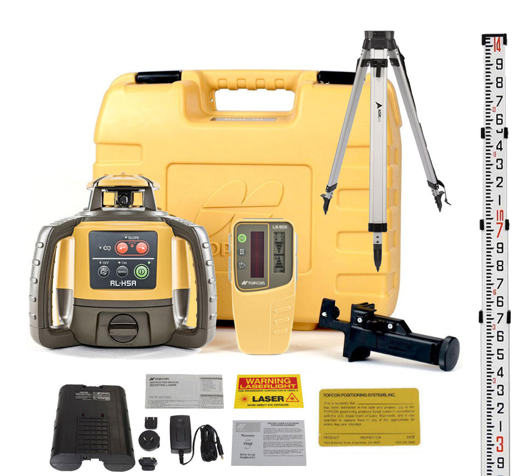 Topcon RL-H5A Laser w/LS-80X Receiver, Tripod, Grade Rod & Rechargeable Battery