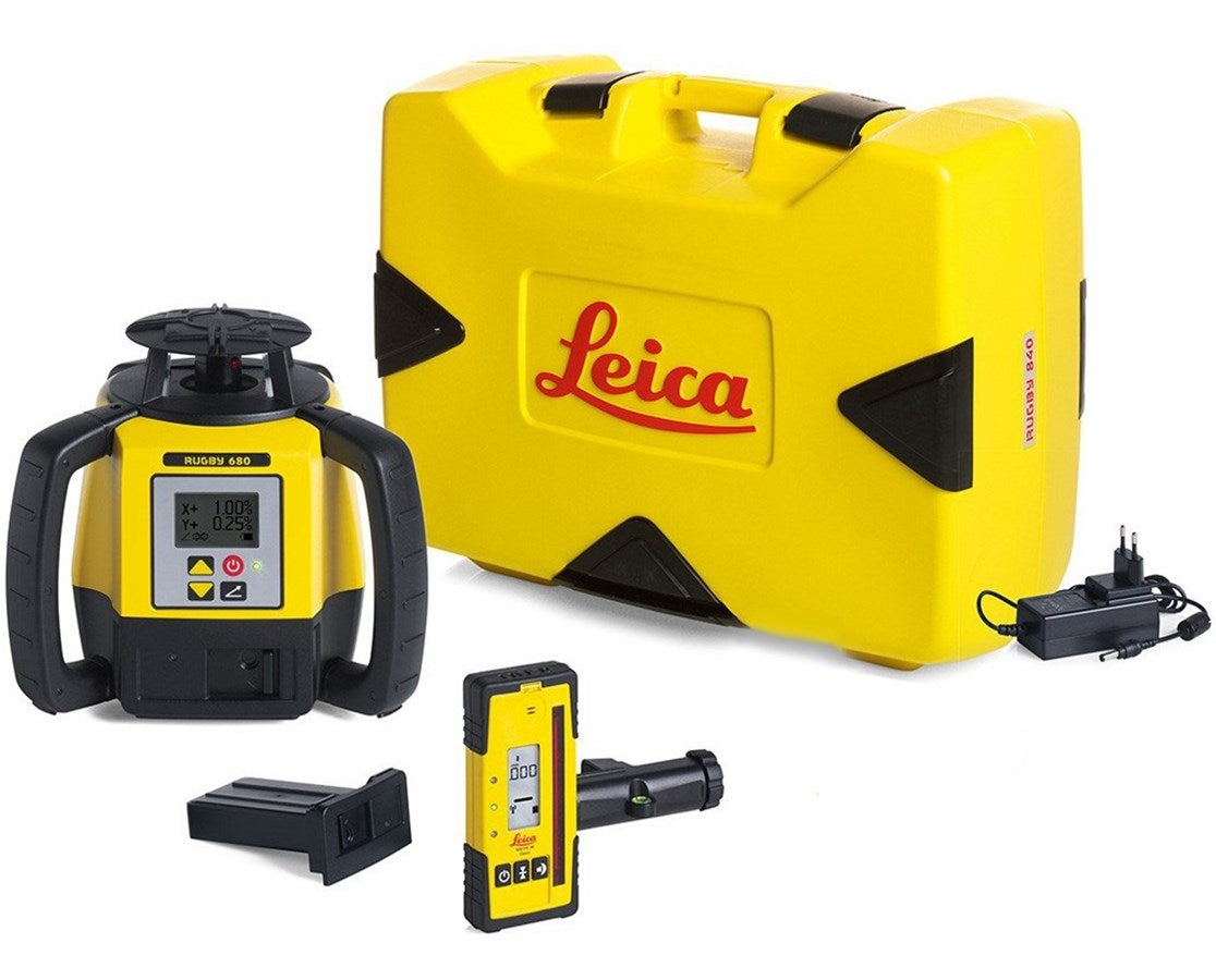 Leica 6011160 Rugby 680 Dual Grade Laser Level With Rod Eye 120 and Alkaline Battery Pack