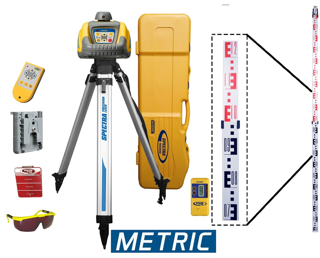 Spectra Precision HV101GC-3 HV101 Self-Leveling Rotary Laser w/ HR320 Receiver, Tripod & Rod (Metric), w/ Tripod Case