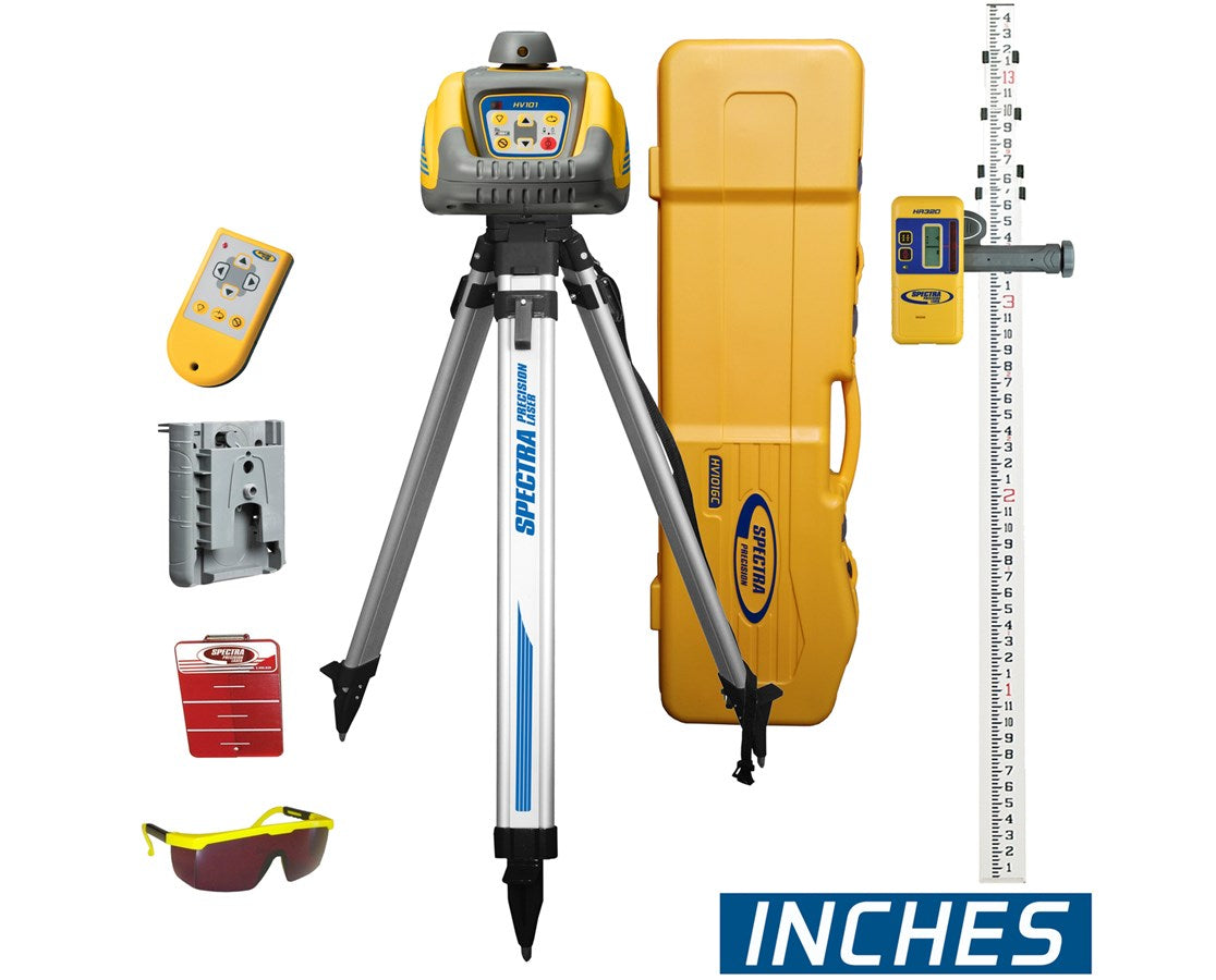 Spectra Precision HV101GC-2 HV101 Self-Leveling Rotary Laser w/ HR320 Receiver, Tripod & Rod (Inches), w/ Tripod Case