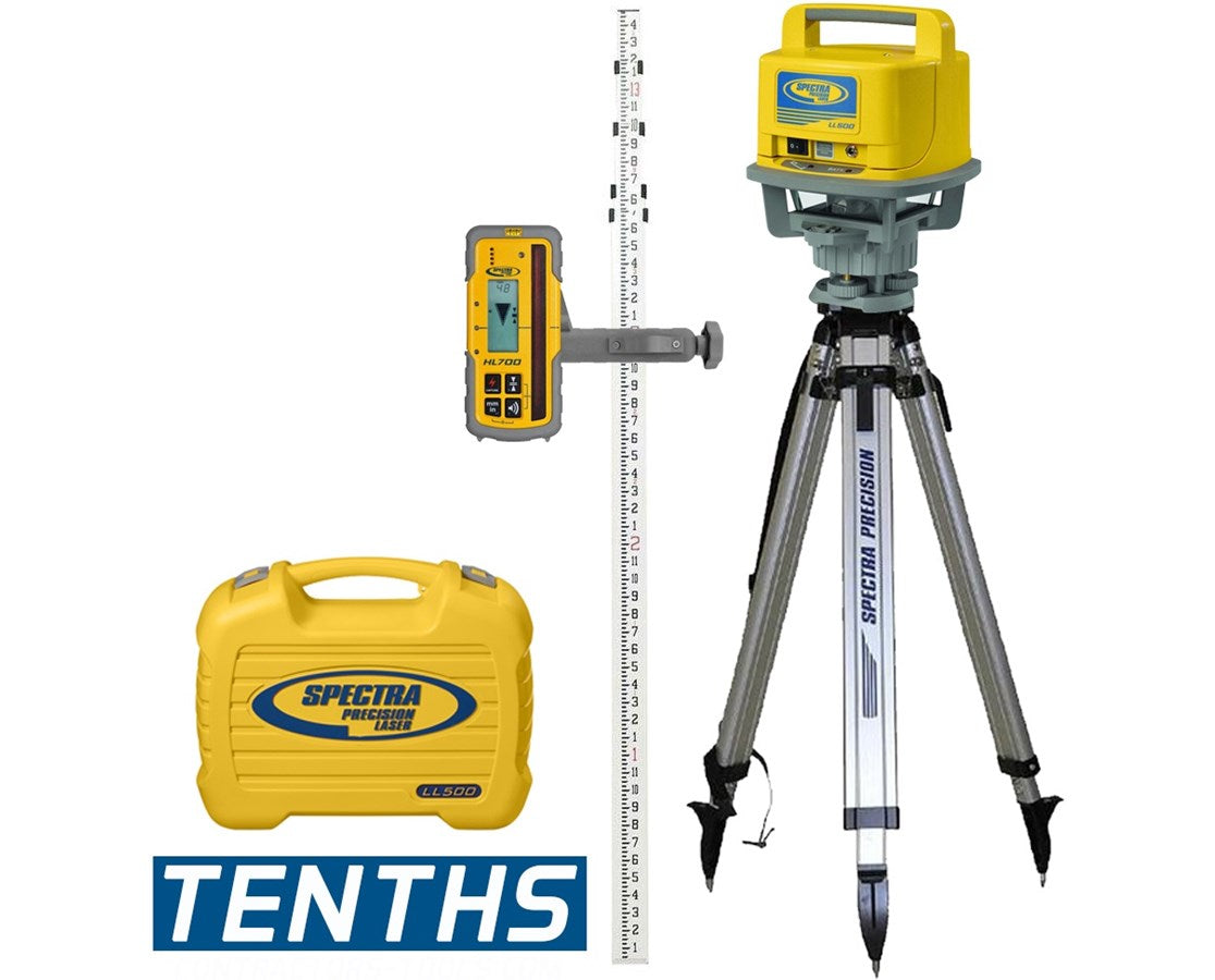 Spectra Precision LL500 Self-Leveling Rotary Laser w/ HL700 Receiver, Alkaline Battery, Tripod & 15' Grade Rod (Feet/10ths) | LL500-1