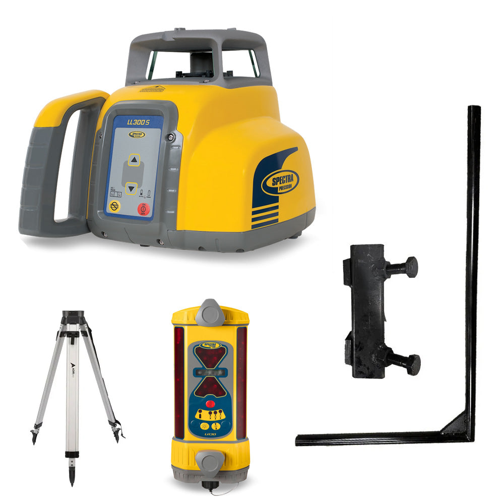 Bulldozer Machine Control Package - Spectra LL300S Rotary Laser, LR30 Machine Control Receiver, L-Pole, L-Bracket, and Tripod