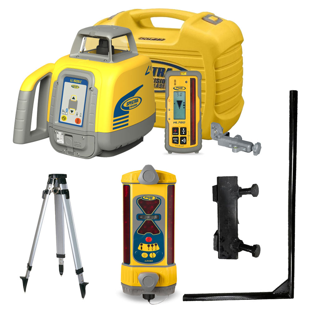 Bulldozer Machine Control Package - Spectra LL1505C Rotary Laser, LR30 Machine Control Receiver, L-Pole, L-Bracket, and Tripod