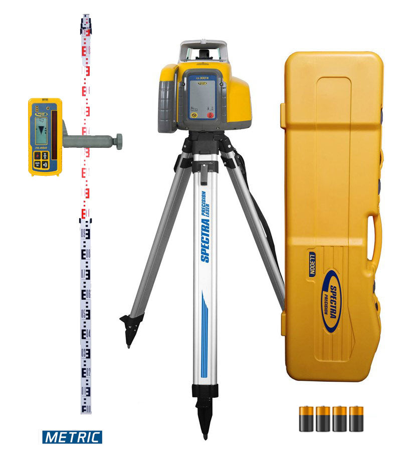 Spectra LL300N Rotary Laser Kits - LL300N w/ Laser Receiver, All-in-One Case For Tripod & Grade Rod