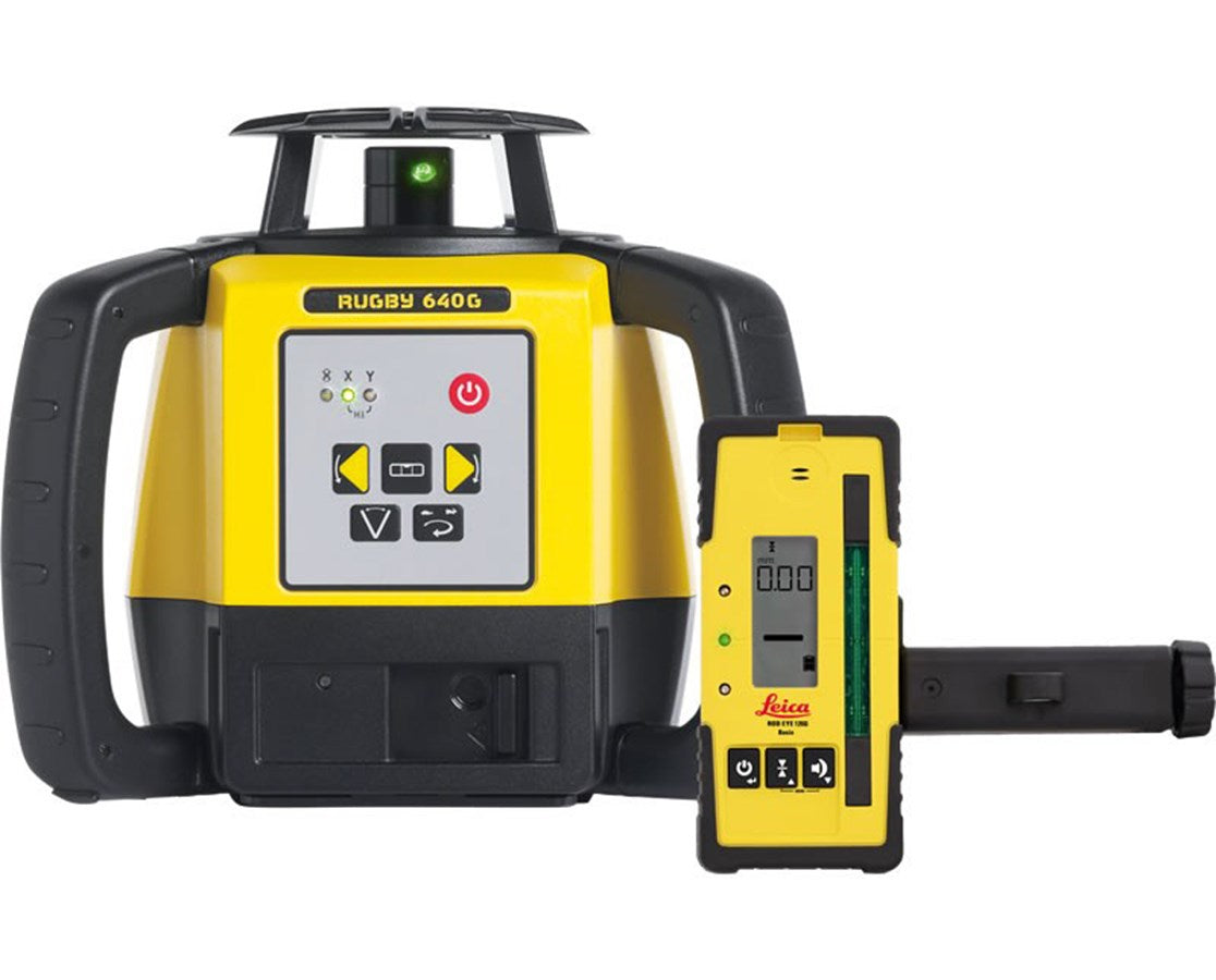 Leica 6011488 Rugby 640G Green Rotary Laser Level w/ RC400 Remote Control, Rod Eye 120G & Alkaline Battery