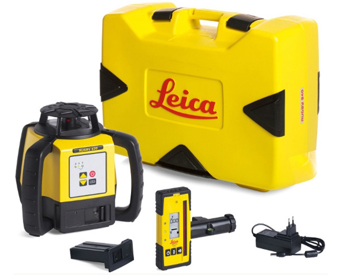 Leica 6011152 Rugby 620 Rotary Laser Level With Rod Eye 120 and Alkaline Battery Pack