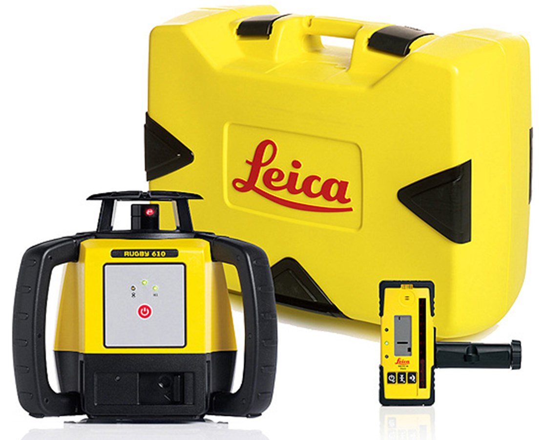 Leica 6008614 Rugby 610 Rotary Laser Level With Rod Eye 140 and Alkaline Battery Pack